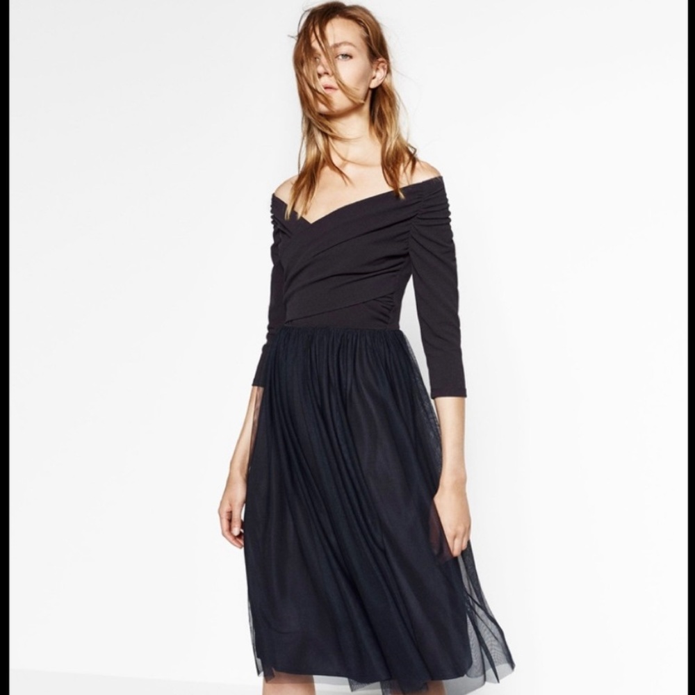 Zara Navy Blue Tulle Midi Dress - Picture 3 of 5